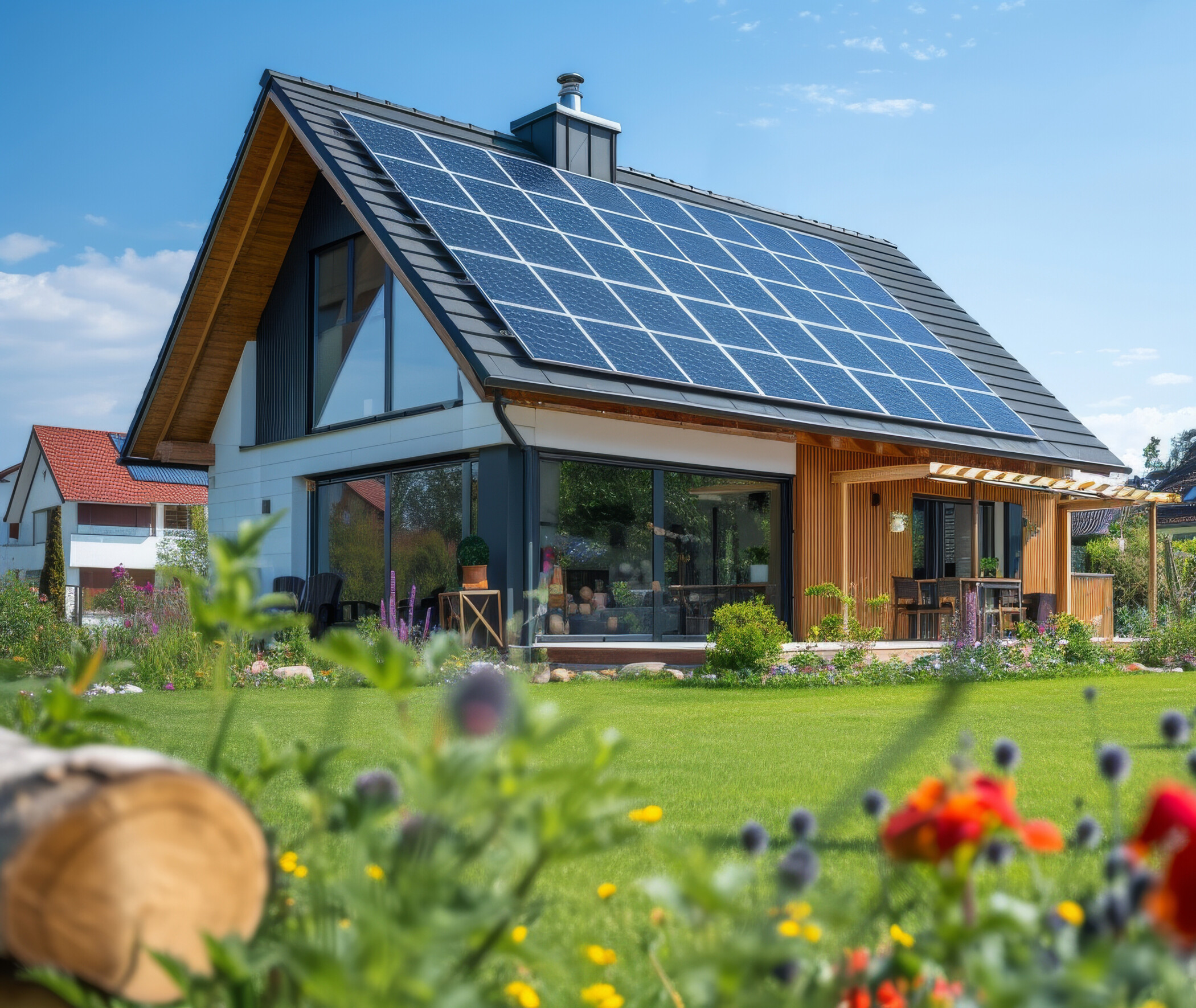Haus mit PV-Anlage mit Garten