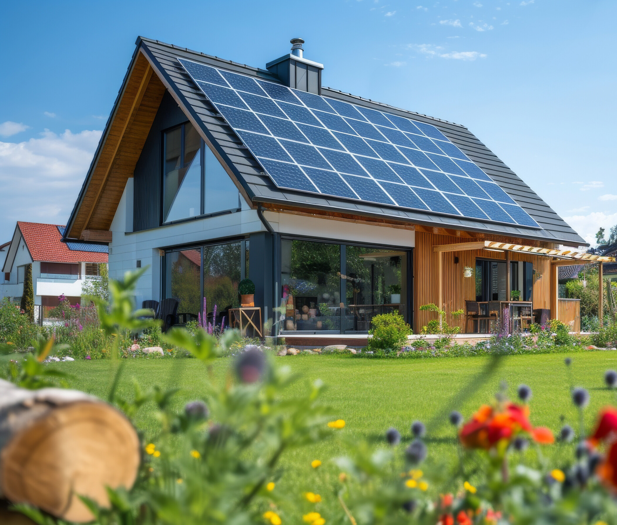Haus mit PV-Anlage mit Garten